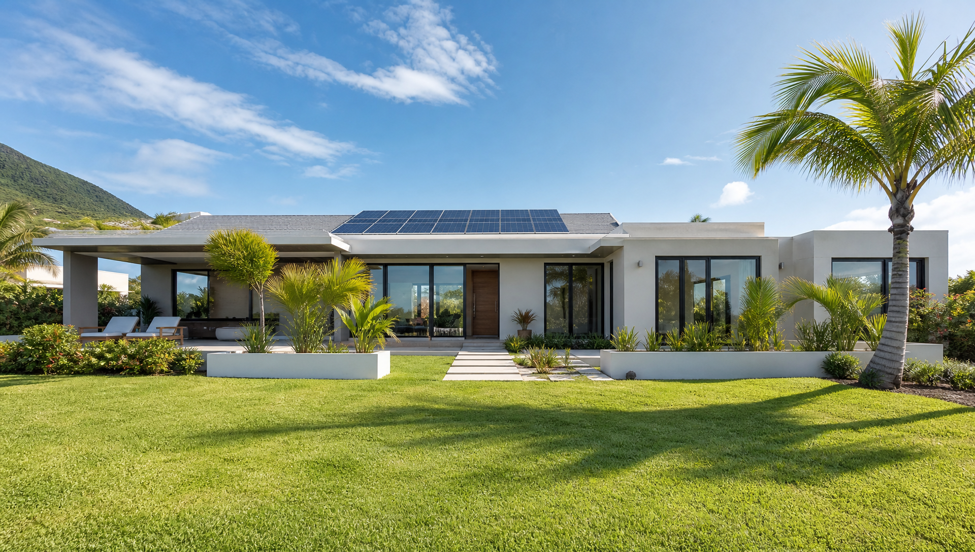 Representative smart model home in a tropical Caribbean setting with solar panels and contemporary design